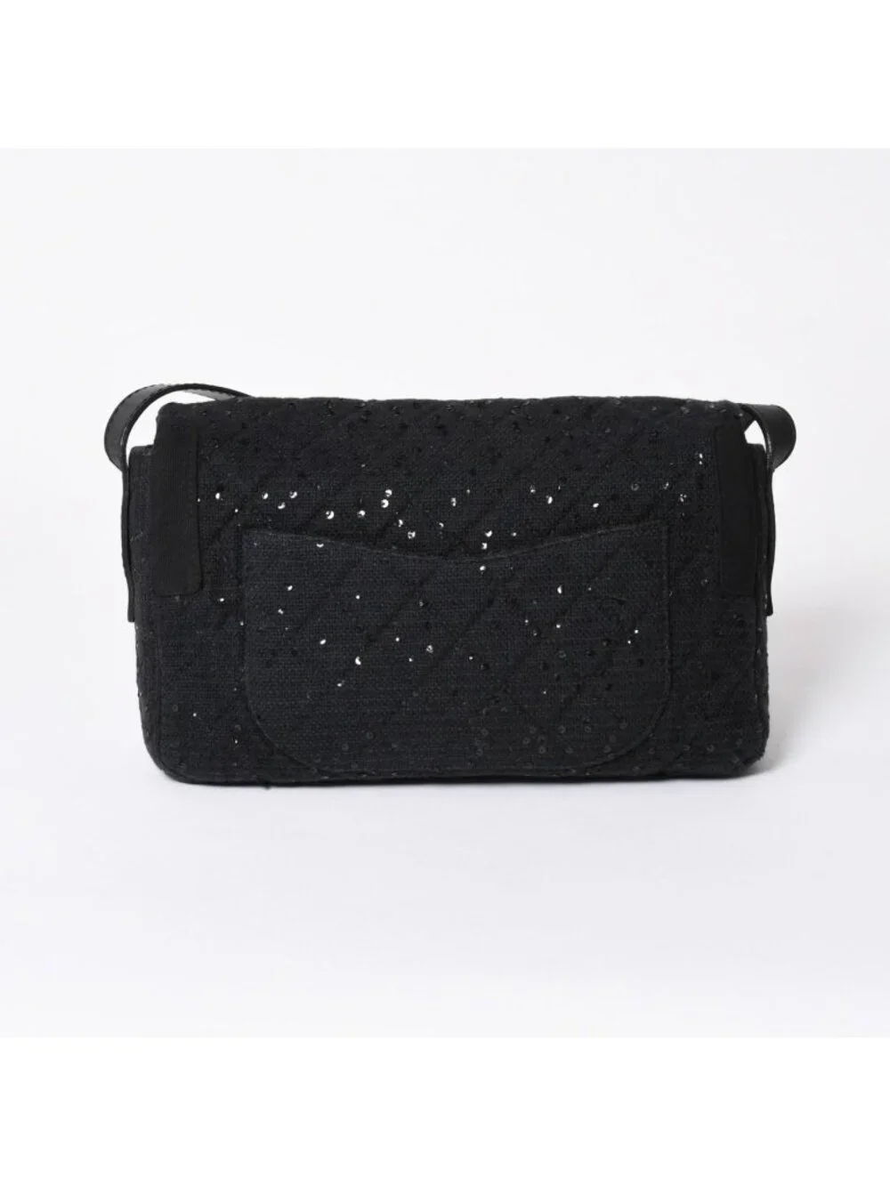 Chanel 2.55 Shoulder Bag CC Logo Sequins Canvas Leather Black